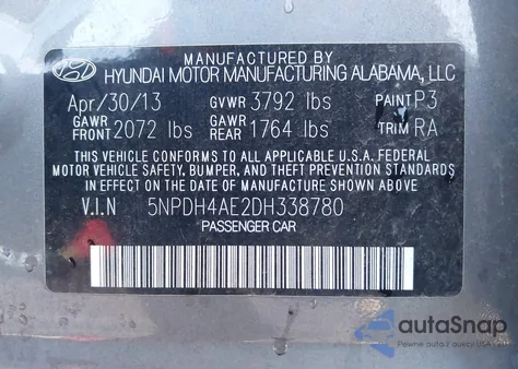 2013 Hyundai Elantra Gls z USA, uszkodzony, nr VIN 5NPDH4AE2DH338780